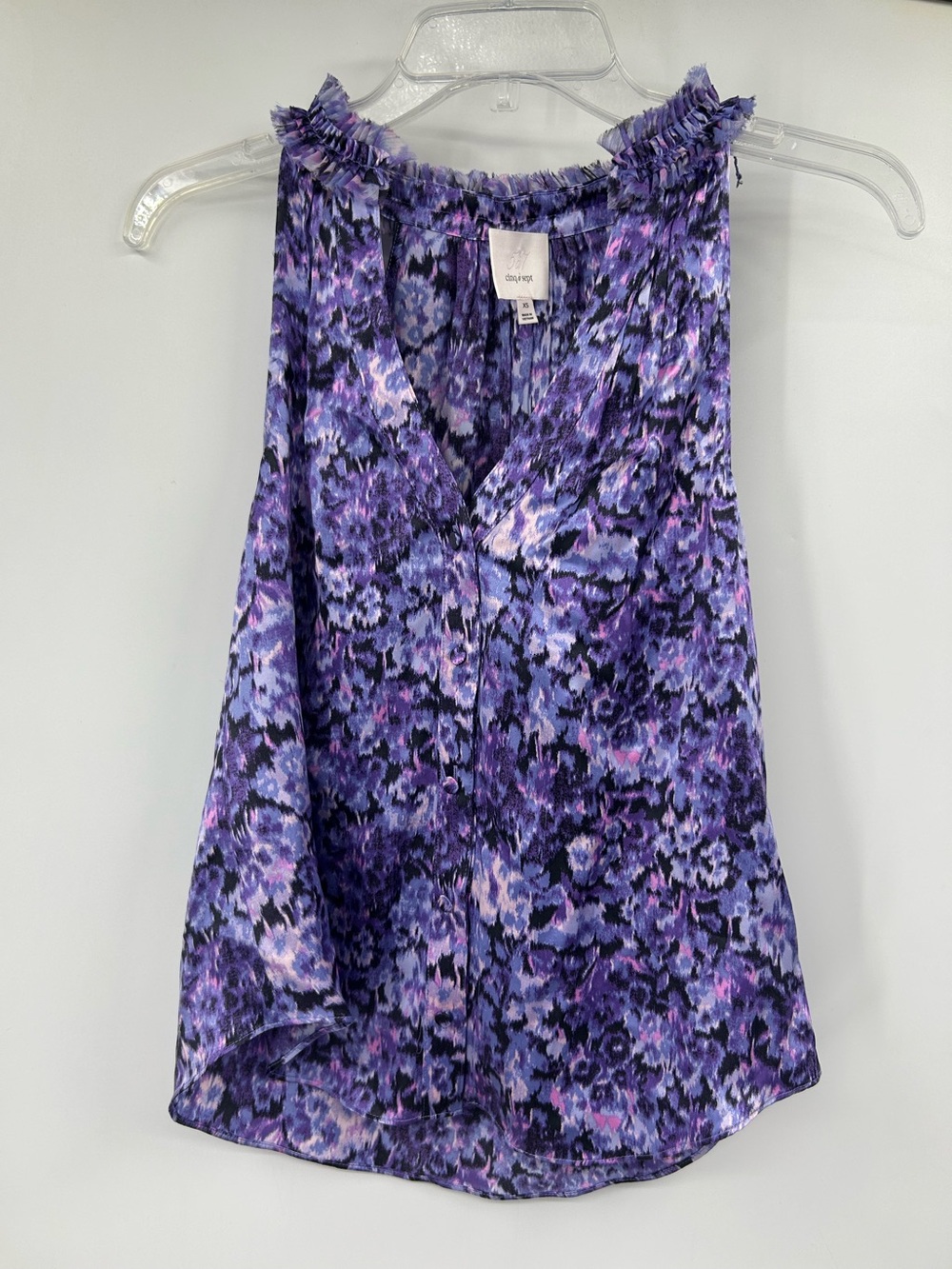 Cinq à Sept Silk Jessie Hydrangea Top Purple Floral Sleeveless Blouse Size XS